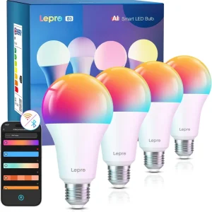 Lepro Al Smart Glühbirne B3, E27 WLAN/Bluetooth Smart Bulb 1521lm Dimmbar, Foto-zu-Licht, Personalisierter KI-Lichtdesigner, Sprachsteuerung/Musik Sync, Kompatibel mit Alexa/Google Assistant, 4 Stück