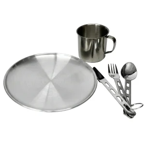 Ultraleichtes Camping Geschirr Set aus Edelstahl mit Teller, Becher und Besteck